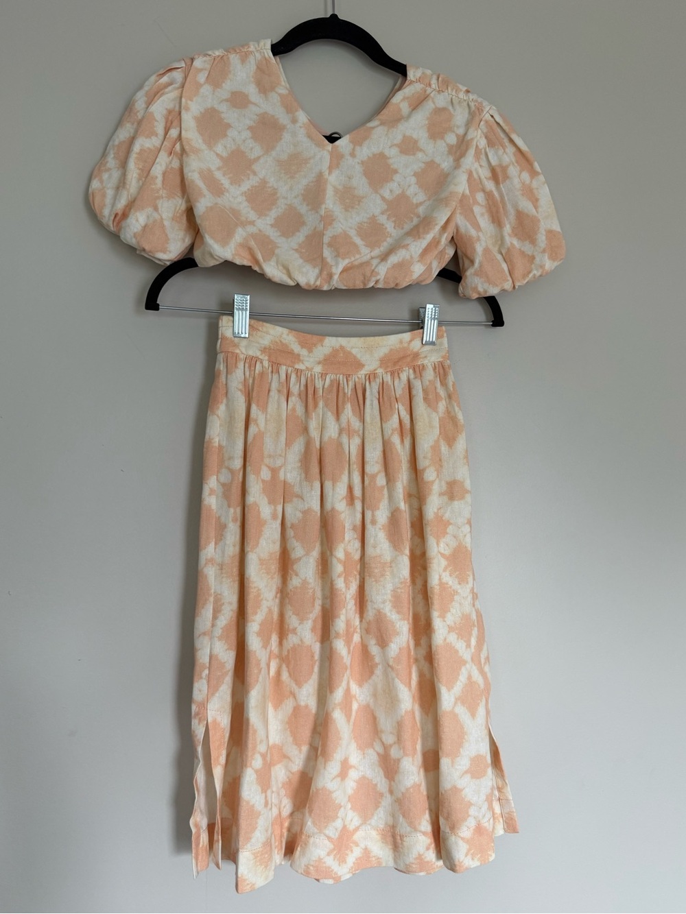 Zara Girls Peach & White Tie-dye Linen Blend Crop Top 9 and Midi Skirt 8 Set